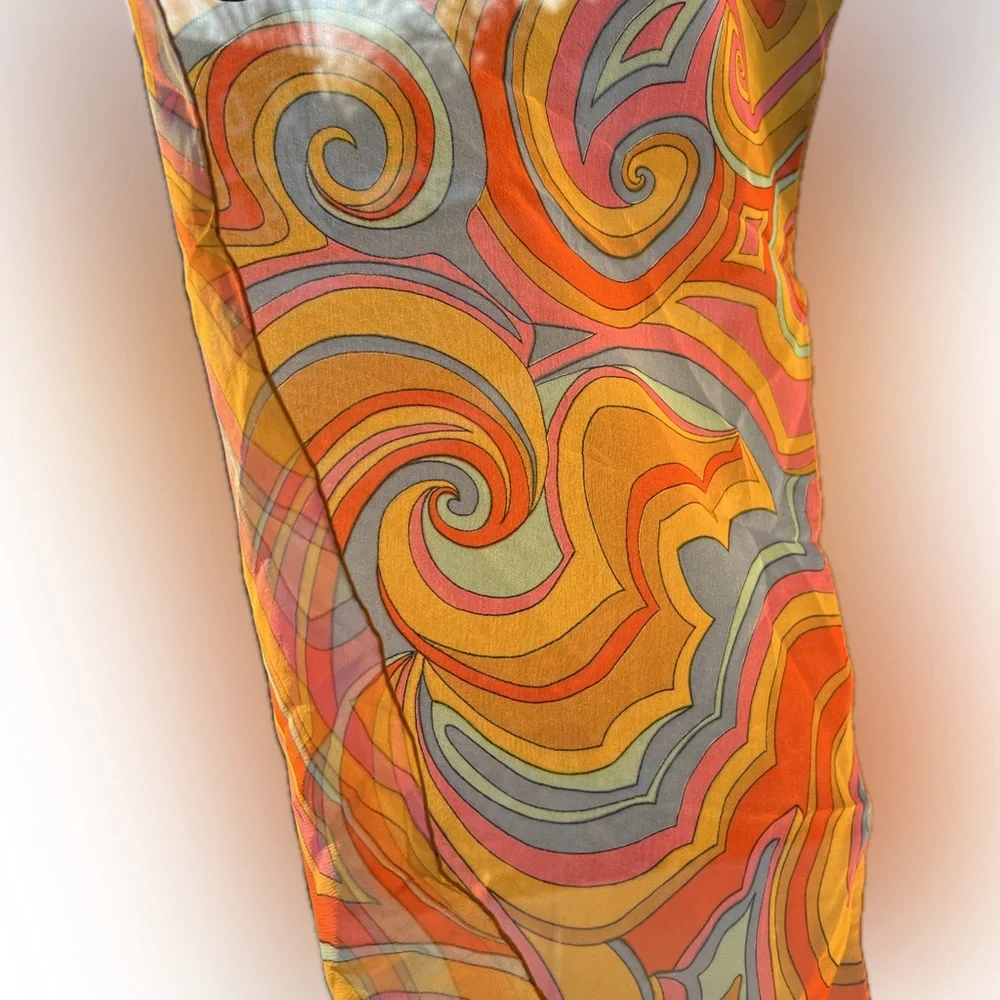 Sheer Paisley 1970s Mod Scarf /Ponytail Tie/Wrap Orange/Pink/Blue/Yellow 15βx44β - Picture 1 of 16